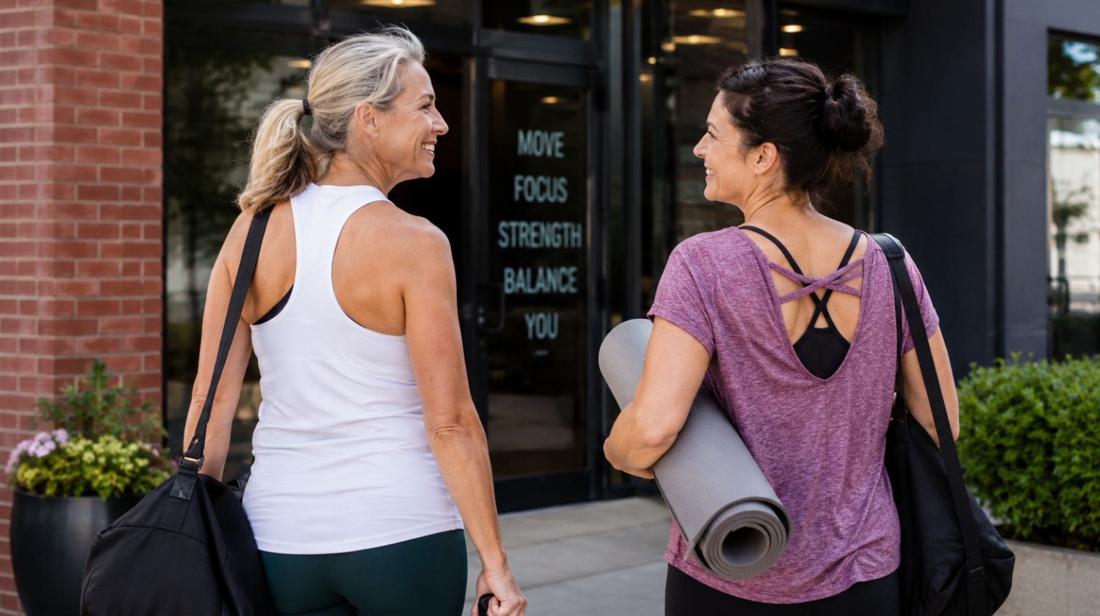 Two women walk together toward a fitness class, demonstrating how accountability and support can help people with ADHD follow through on their goals.