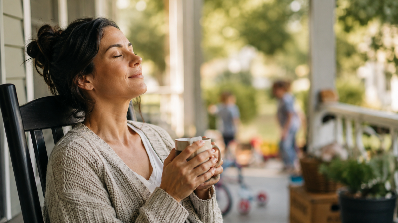 A woman sits peacefully on her front porch holding a warm mug with her eyes closed, taking a quiet moment to recharge while children play softly in the blurred background. The image represents intentional rest and restoring an ADHD brain before burnout.