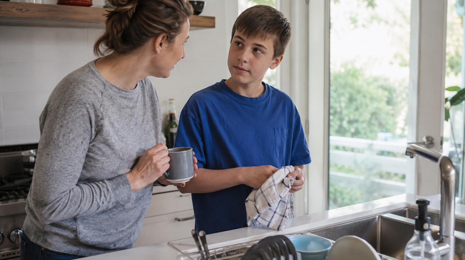 Parent and teenage son having a calm conversation while drying dishes together in the kitchen, illustrating an ADHD-friendly approach to reducing conflict and improving communication.
