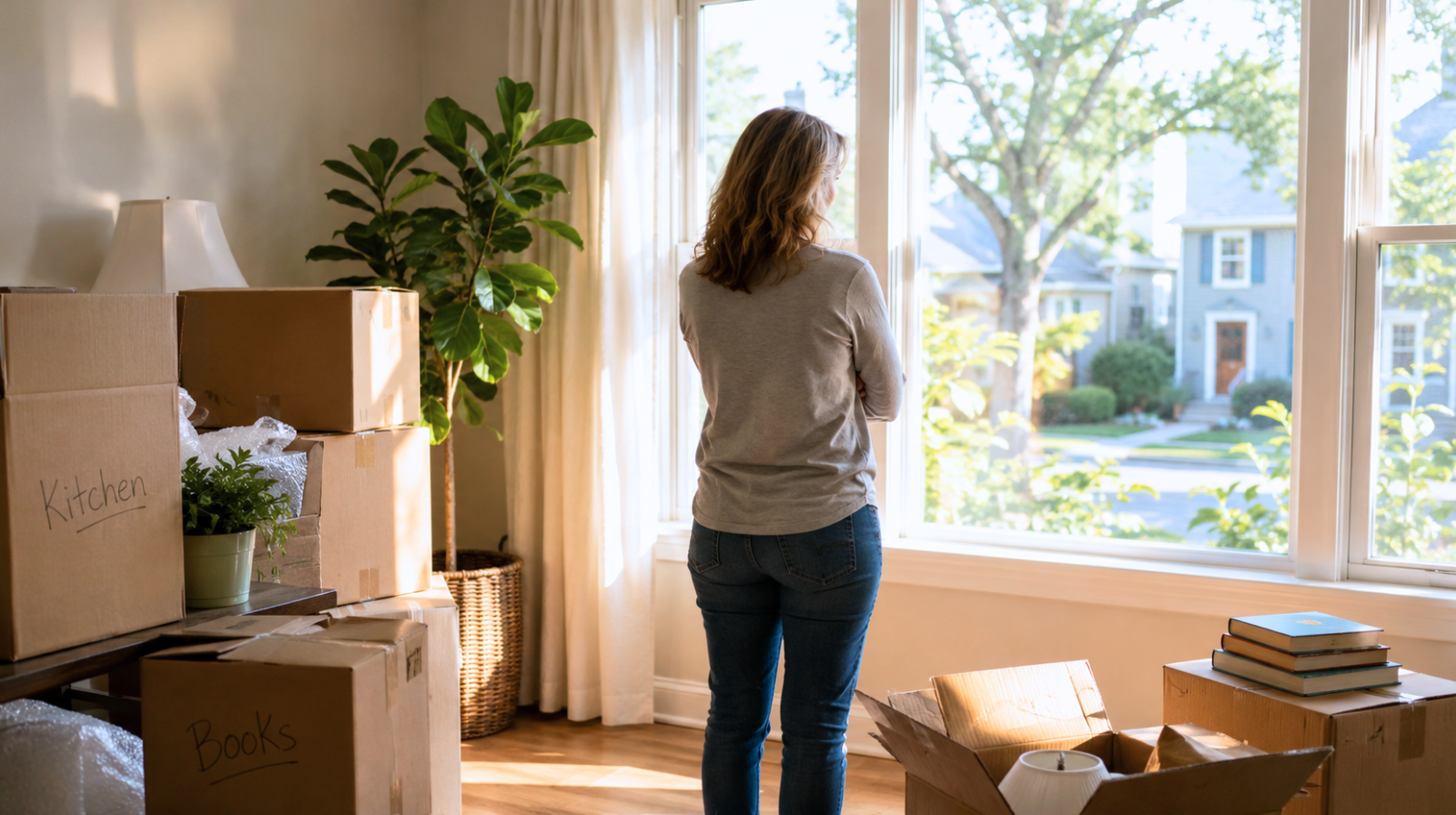 Woman standing among moving boxes looking out a window while preparing to move, representing ADHD, life transitions, and new beginnings.