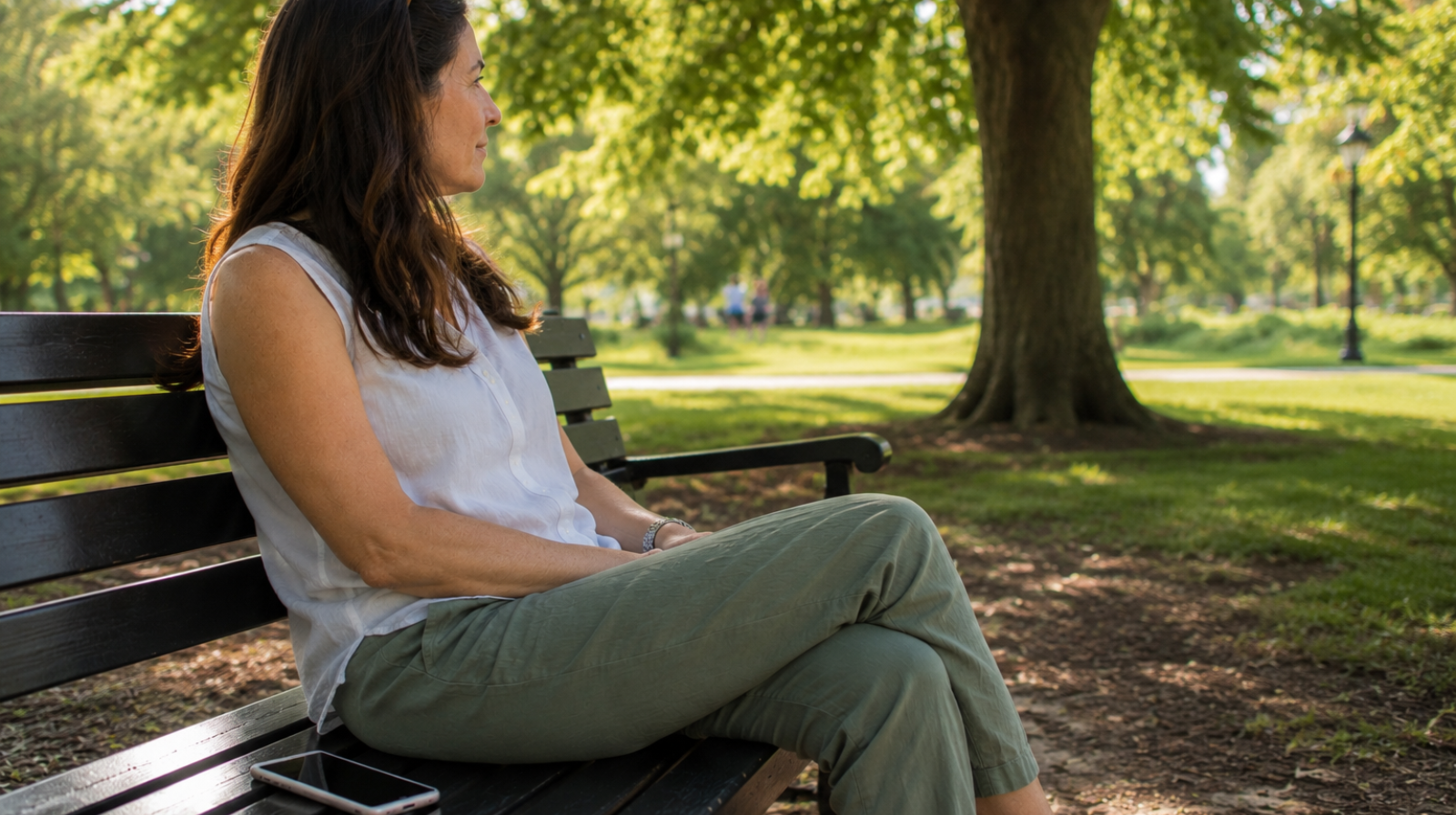 Woman sitting peacefully on a park bench with her phone placed face-down beside her, taking a break from screen time.