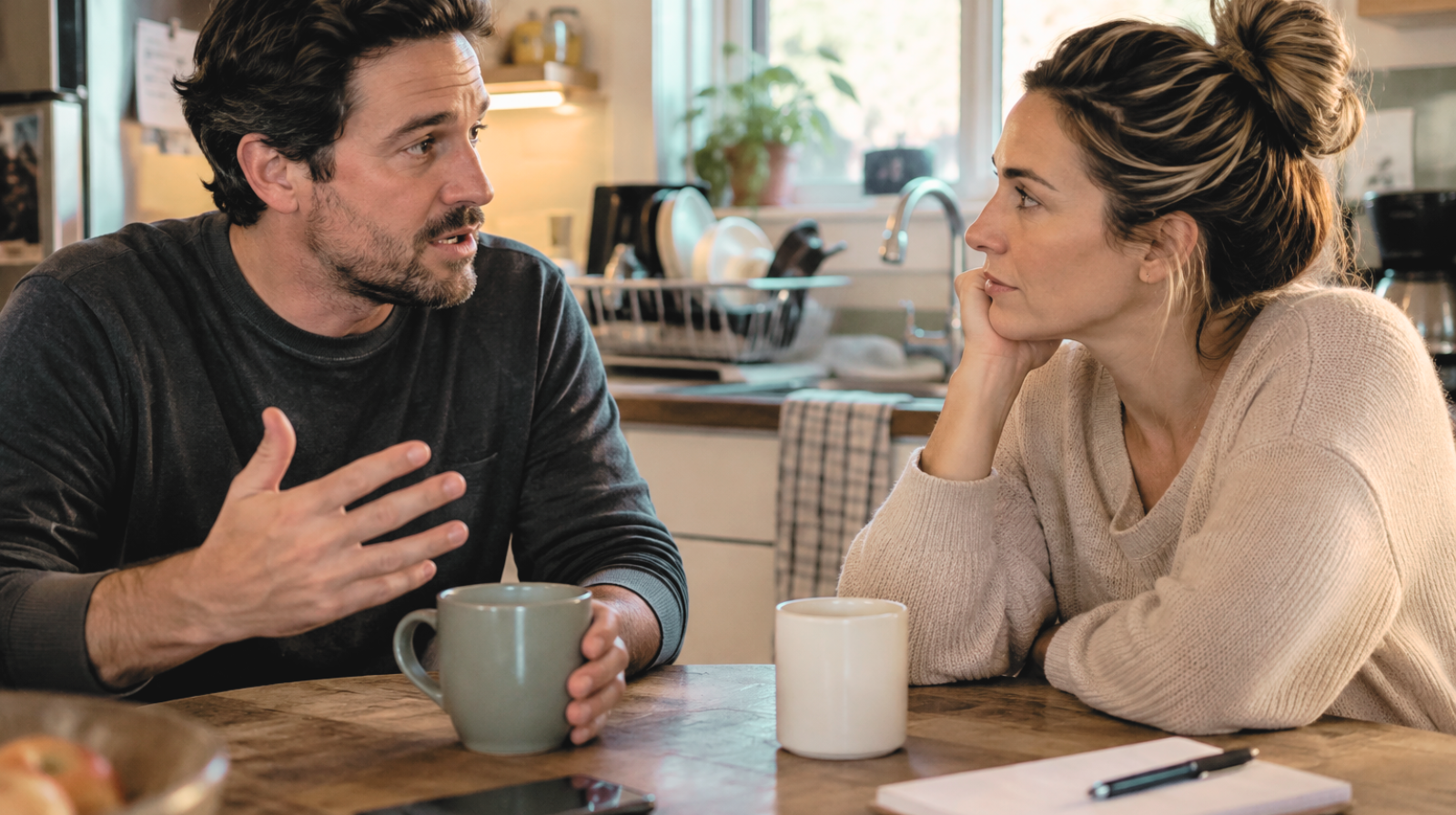 Couple having a thoughtful conversation at a kitchen table, illustrating healthy communication and connection in ADHD relationships.